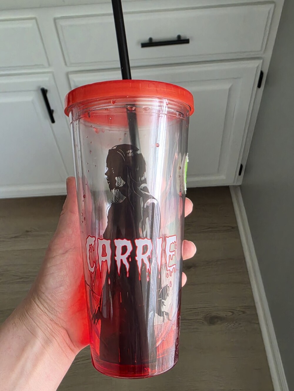 Hot Topic Clear Acrylic Tumbler with Red Lid and Black Straw - Carrie Graphic
